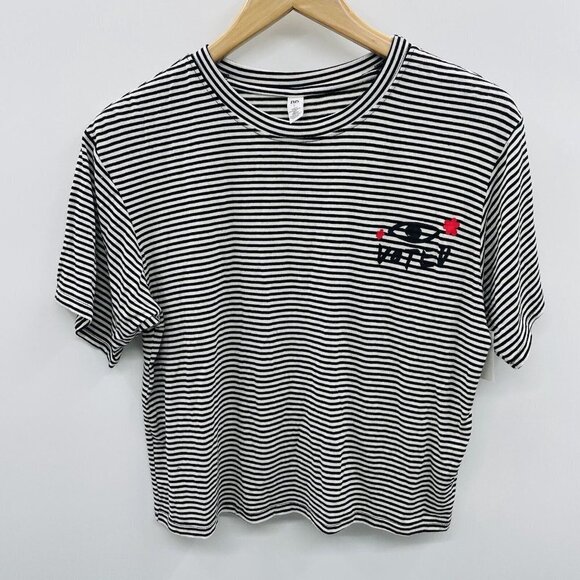 BP Womens Size Small Voted Striped Graphic Crop Top Short Sleeve Shirt Tee 234 - Picture 2 of 7